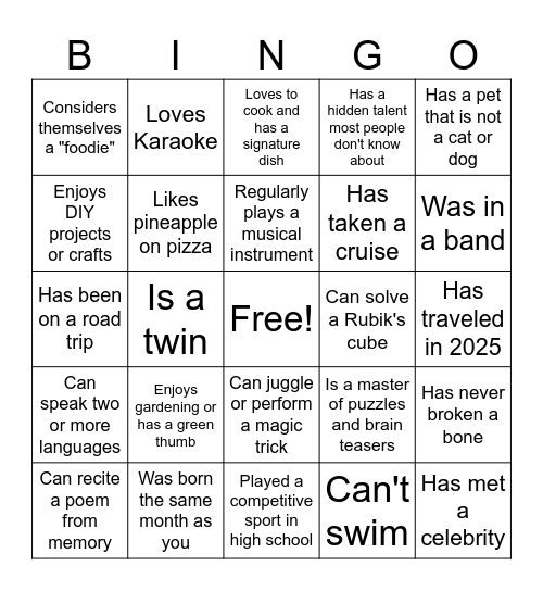 Get to Know You BINGO Card