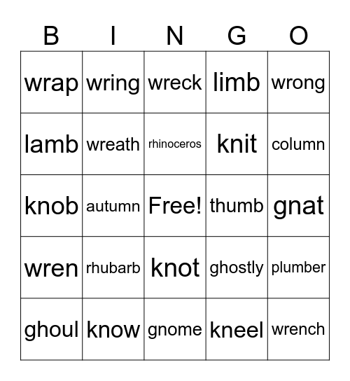 Silent Letters Bingo Card