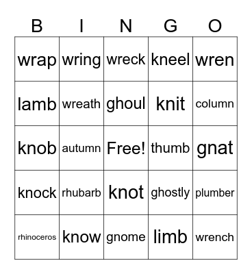 Silent Letters Bingo Card