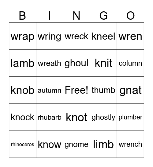 Silent Letters Bingo Card