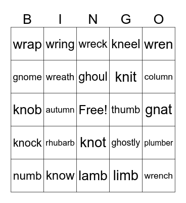 Silent Letters Bingo Card