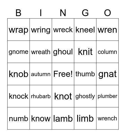 Silent Letters Bingo Card
