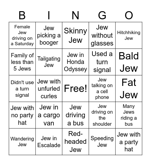 Jew or Not Jew- Road Bingo Card