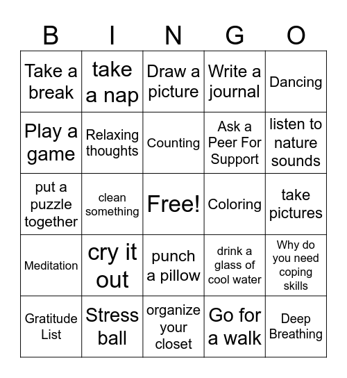 Coping Skills Bingo Card