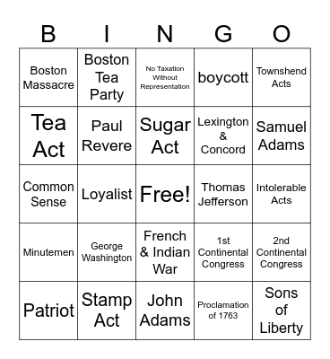 Road to the Revolution Bingo Card