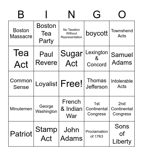 Road to the Revolution Bingo Card