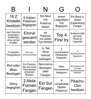 Pokemon Ultra Sonne Bingo Card