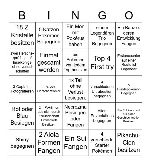 Pokemon Ultra Sonne Bingo Card
