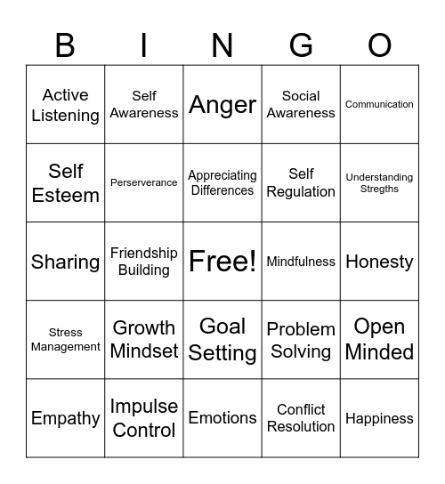 Social Emotional Bingo Card