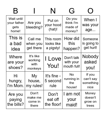 Things Mother's Say Bingo Card