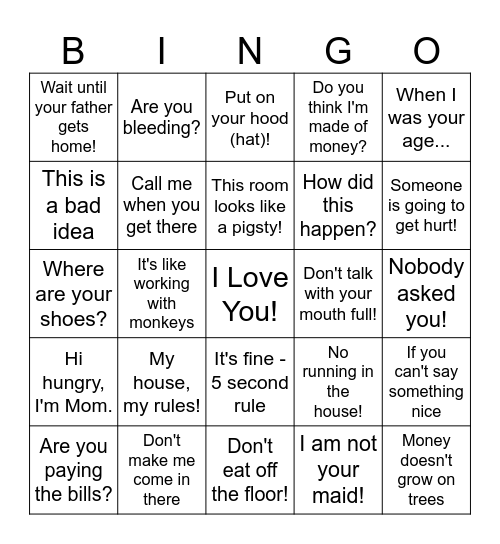 Things Mother's Say Bingo Card