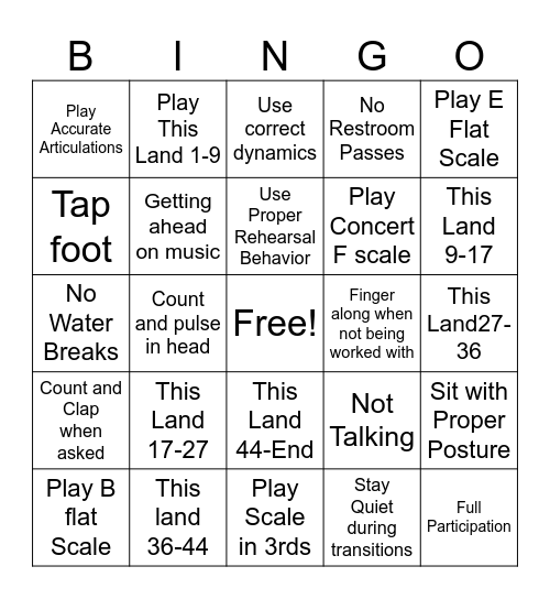 Symphonic Band Bingo Card
