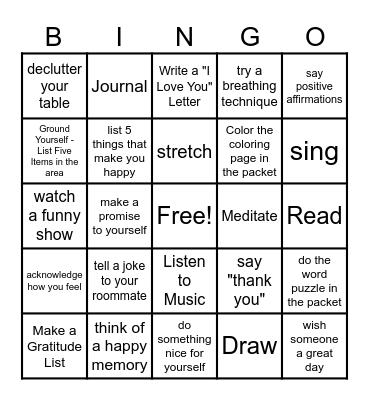 Coping Skills BINGO Card