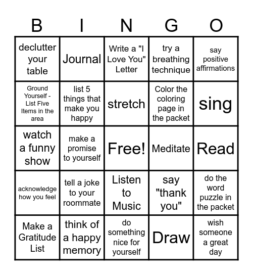 Coping Skills BINGO Card