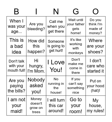 Things Mother's Say Bingo Card