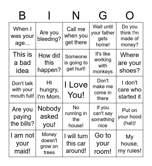 Things Mother's Say Bingo Card