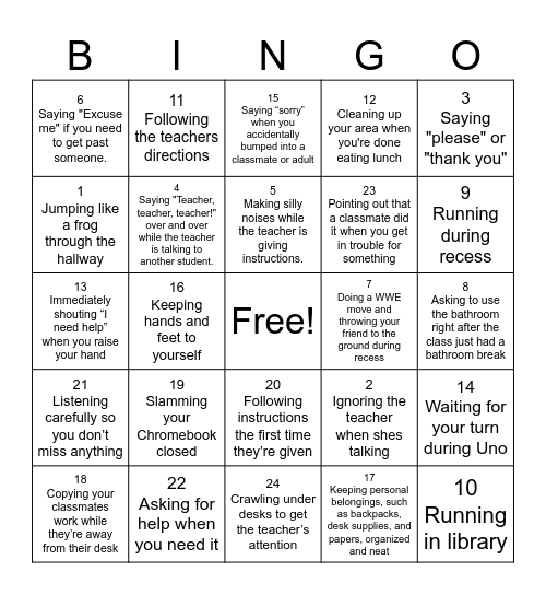 Expected vs Unexpected School Behaviors Bingo Card