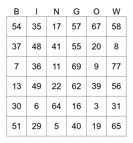 Number Bingo 1-80 Bingo Card