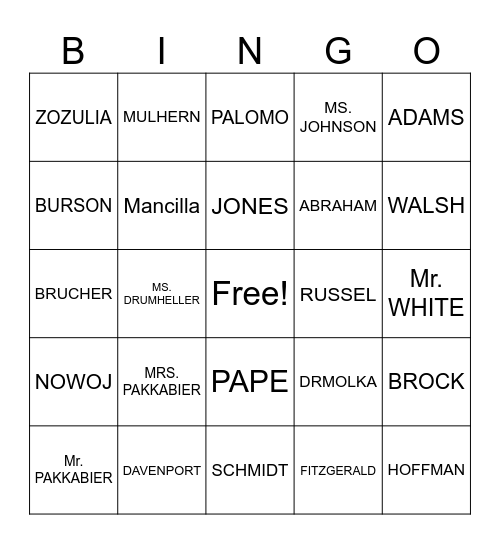 2025 Granger Staff Bingo Card