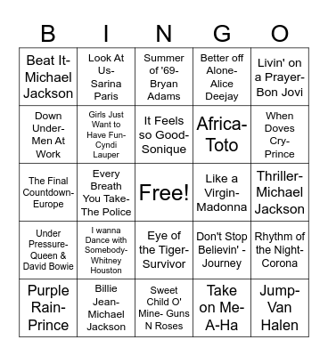 80's Music Bingo Card