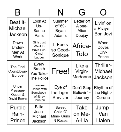80's Music Bingo Card