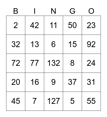 Math Facts Bingo Card