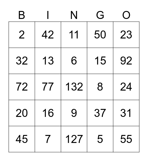 Math Facts Bingo Card