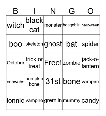 Lonnie's Halloween Bingo Card