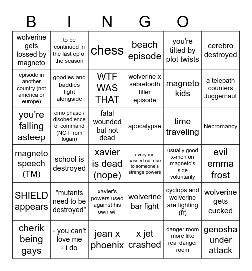 иксмены бинго Bingo Card