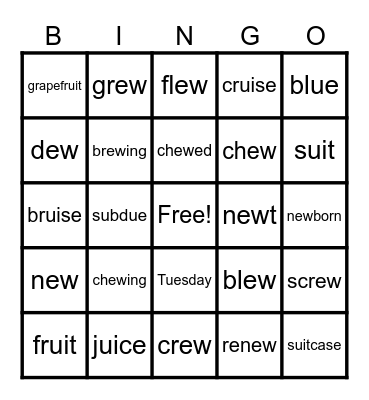 Lesson 91 - ew, ui, ue /ū/ Bingo Card