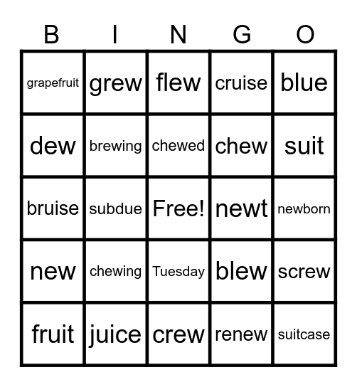 Lesson 91 - ew, ui, ue /ū/ Bingo Card
