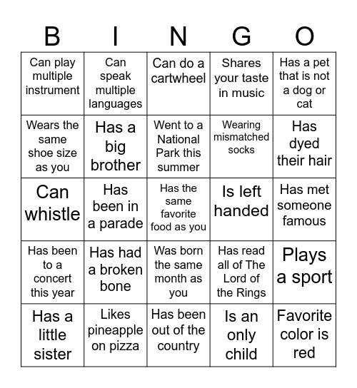 Icebreaker Bingo Card