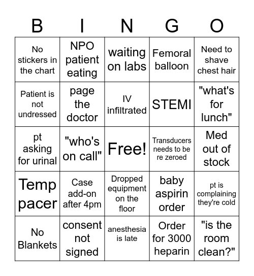 Cath Lab BINGO Card