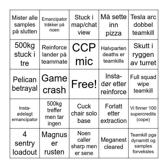 Helldivers Session Bingo Card