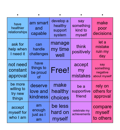 Self Esteem Bingo Card