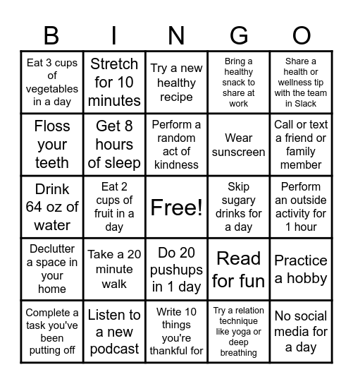 Health & Wellness Bingo Card