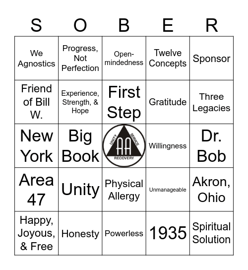 A A Bingo/SOBER Bingo Card