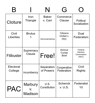 Goverment Bingo Card