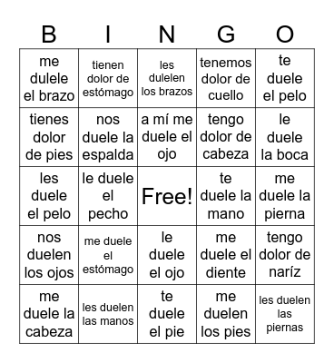 Partes del Cuerpo y dolor Bingo Card