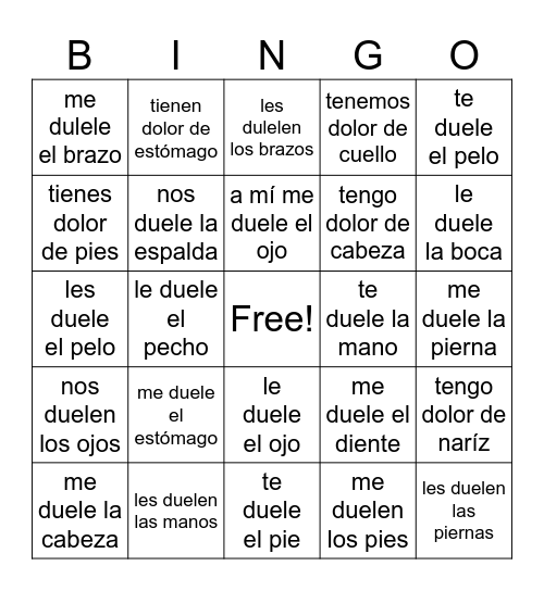 Partes del Cuerpo y dolor Bingo Card