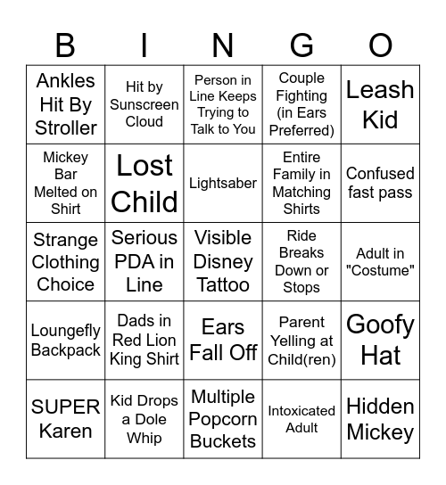 Disney World Bingo Card