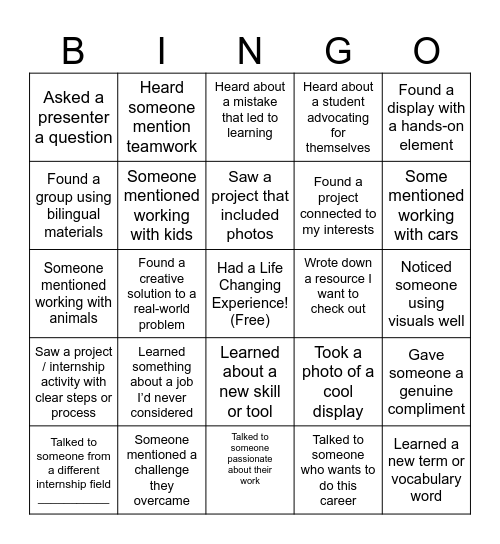 Internship Exhibition Bingo Card