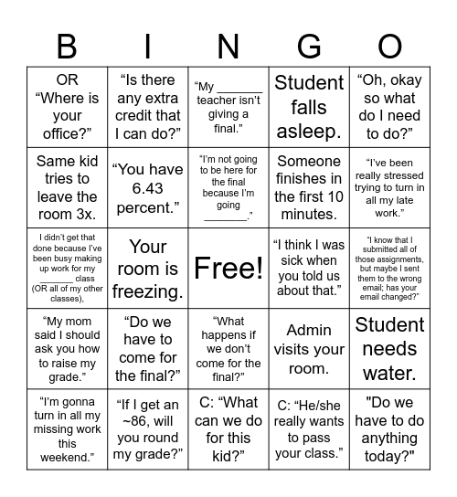 Finals Week Bingo Card