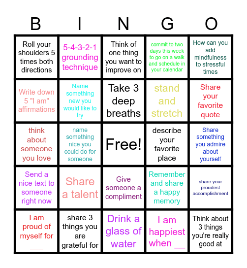 Isabelle's Mindfulness Challenge Bingo Card