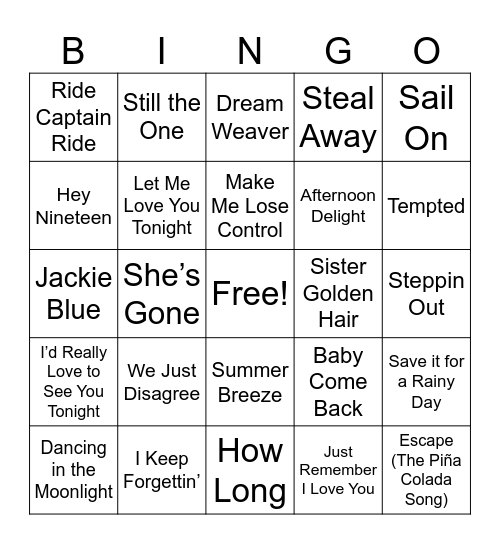 Yacht Rock Bingo Card