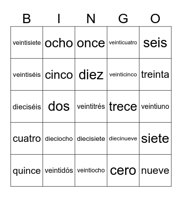 AC Spanish Numbers 0-31 Bingo Card