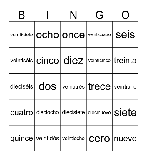 AC Spanish Numbers 0-31 Bingo Card