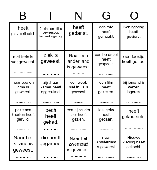 Zoek iemand die............ Meivakantie editie Bingo Card