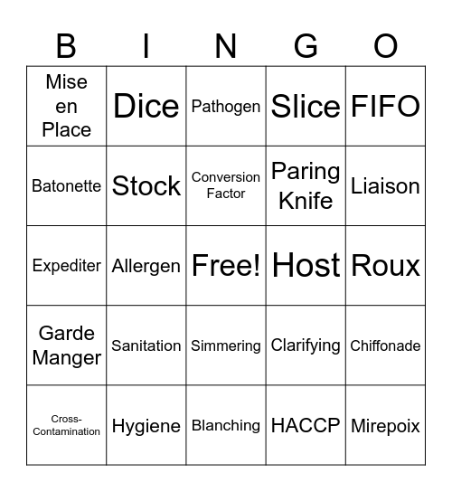 Culinary Lingo Bingo Card