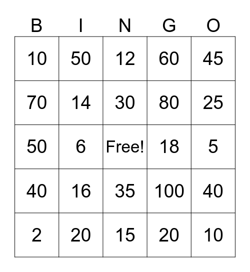 2x, 5X, 10X Bingo Card